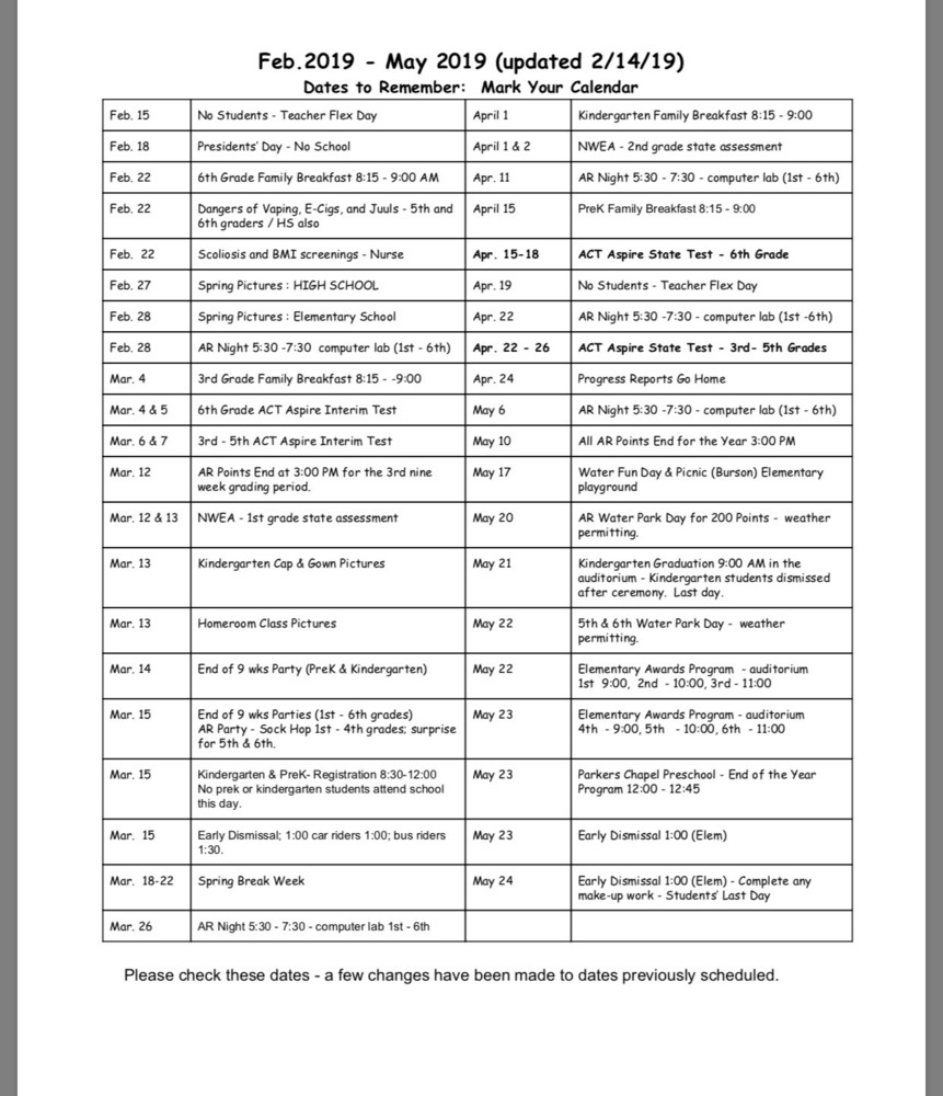 DATES TO REMEMBER (updated 2/14/19)