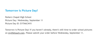 Picture Day for High School, September 11th